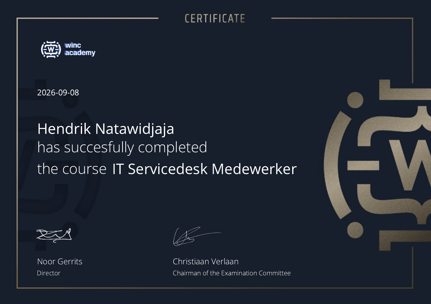Winc Academy certificaat IT Servicedesk Medewerker